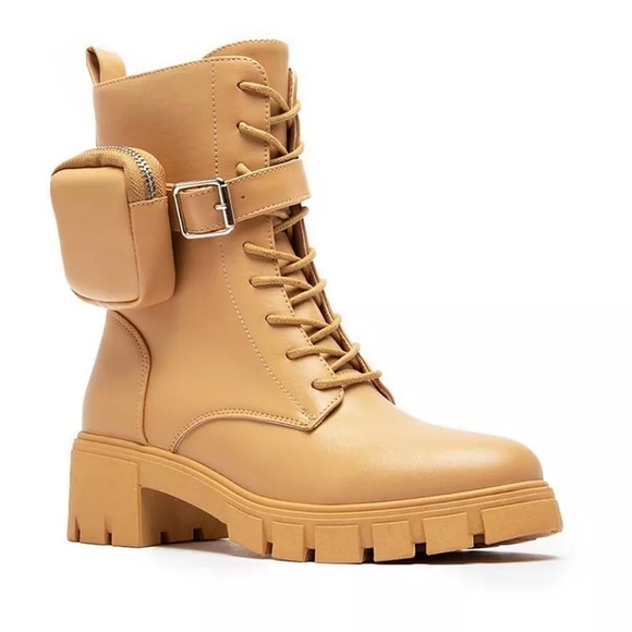 NEW Side Pouch Pocket Combat Boot Ankle Booties Textured Platform Lace-Up - Picture 1 of 10